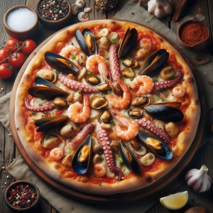 Pizza Cozze, Polpo, Gamberi